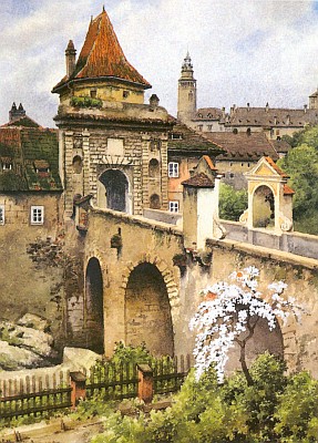 Budějovická brána v Českém Krumlově na jeho malbě