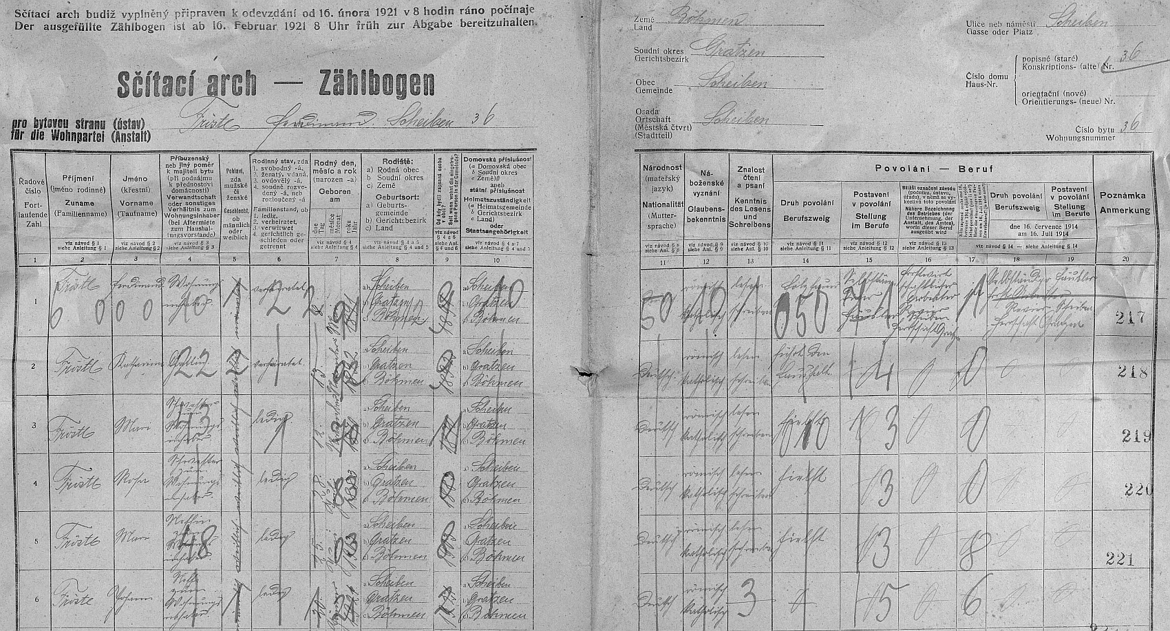 Arch sčítání lidu z roku 1921 dům čp. 36 v Šejbech i s ní