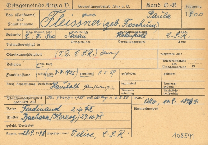 Z lineckého evidenčního listu jeho manželky (†21. ledna 1988) vyplývá, že přinejmenším ona odešla do Rakouska až v září 1948, a to z Velic nedaleko Hluboké nad Vltavou