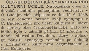 Neuvěřitelná zpráva českobudějovického protektorátního listu o použití synagogy "pro kulturní účely"
 i se zmínkou o údajné dohodě starosty Davida s "příslušnými kulturními organizacemi"