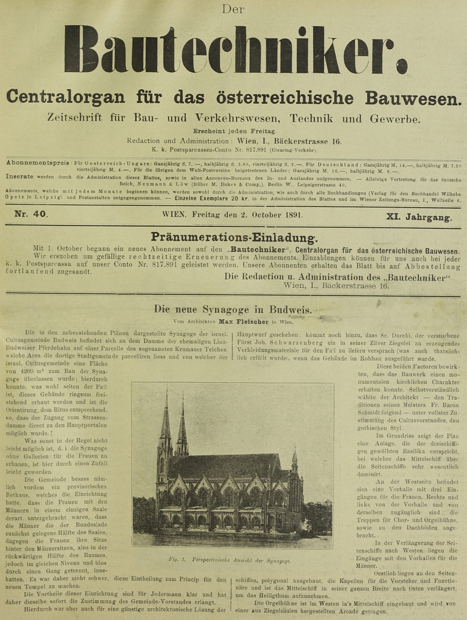 Titulní strana časopisu, který byl ústředním orgánem rakouského stavebnictví, s jeho článkem o českobudějovické synagoze