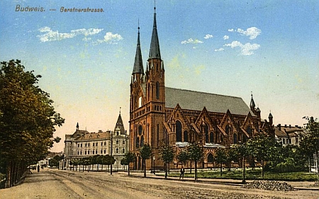 Českobudějovická synagoga na starých pohlednicích (viz i Peter Becher, Jakob Fried a Israel Kohn)