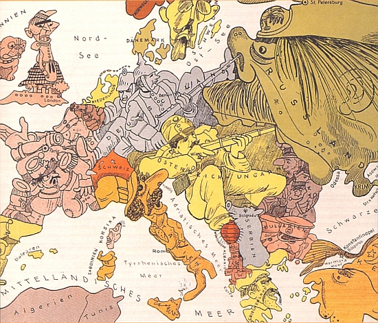 Kresba pražského rodáka Waltera Triera (1890-1951) Karte von Europe im Jahre 1914