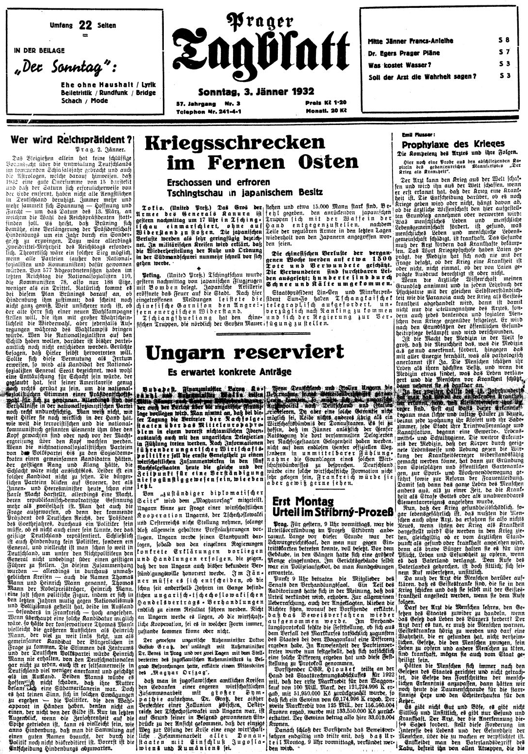 Prvá strana čísla proslulého pražského německého listu z 3. ledna roku 1932 s ukázkou z jeho knihy "Válka jako nemoc" (nahoře vpravo)