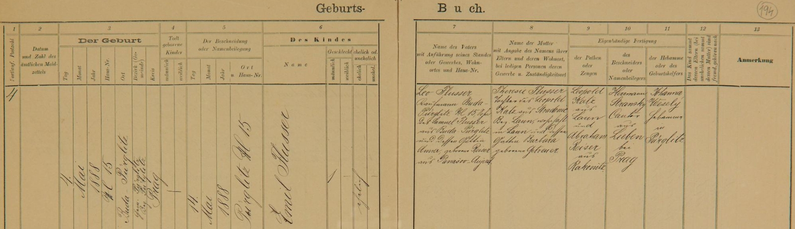 Záznam rakovnické židovské matriky o jeho narození v domě čp. 15 dnes už neexistující části obce Křivoklát (Pürglitz) zvané Buda dne 4. května roku 1888 a o chlapcově zdejší obřízce a udělení jména deset dní nato - otec novorozence Leo Flusser, syn Samuela Flussera a jeho ženy Anny, roz. Reiserové z Panošího Újezda (dříve Panošův Újezd, zde psáno "Panašov-Aujezd"), okr. Rakovník, byl v Křivoklátě obchodníkem, chlapcova matka Theresie byla dcerou Leopolda Katze ze Stradonic (dnes osada obce Pátek v okr. Louny), bytem v Lounech, a jeho choti Barbary, roz. Getreuerové, kmotry (svědky) se stali zmíněný už Leopold Katz z Loun a Abraham Reiser z Rakovníka, obřízku vykonal a jméno dítěti udělil kantor Herrmann Stransky "z Libně u Prahy", porodní bábou byla Johanna Weselý z Křivoklátu