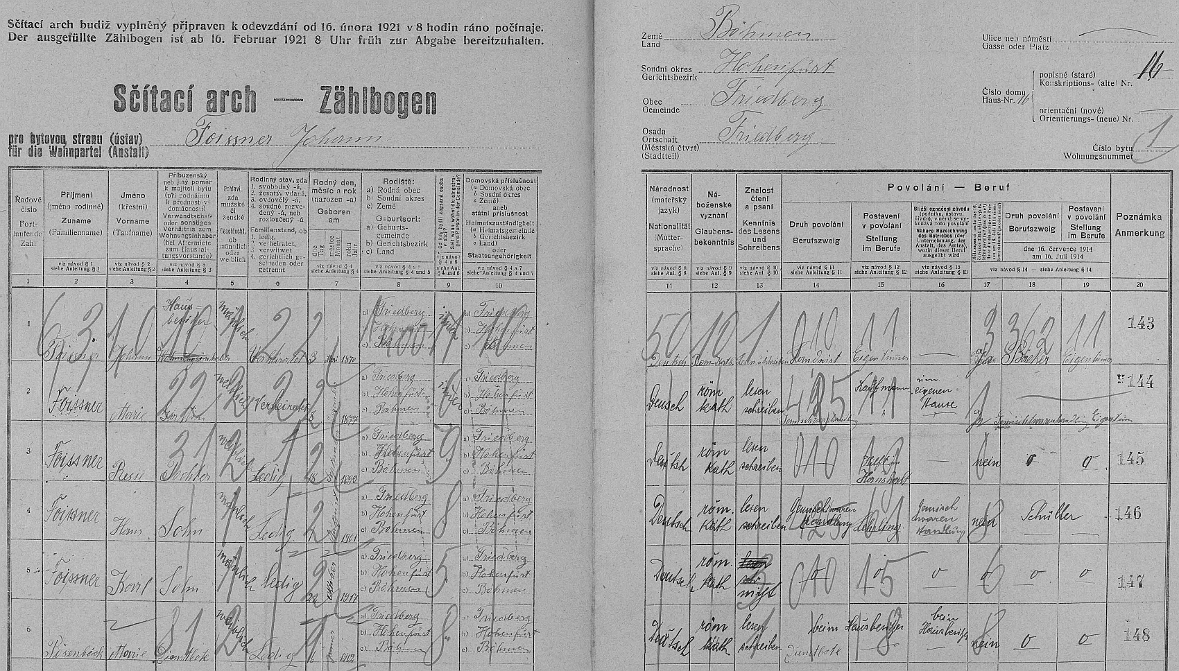 Arch sčítání lidu z roku 1921 pro jeden z bytů v domě čp. 16 ve Frymburku s rodinou Foissnerovou