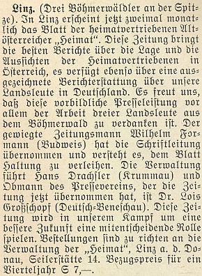 V Linci se stal podle této zprávy v krajanském měsíčníku z roku 1952 šéfredaktorem listu "Starorakušanů vyhnaných z domova" vycházejícího tam dvakrát měsíčně pod názvem "Heimat"