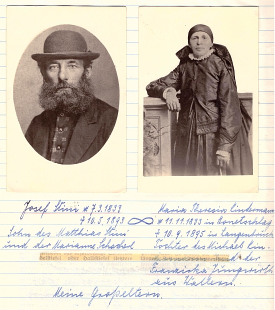 Jeho prarodiče s jejich životními daty (oba mají letopočet narození 1833, ačkoli v textu "O Stiniových" má Josef Stini uveden chybný zřejmě letopočet 1832)