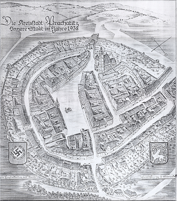 Takto zachytil svou kresbou Prachatice Friedrich Blumentritt u příležitosti jejich "připojení k Říši" roku 1938 a naprostého zglajchšaltování "národním socialismem" ve znamení hákového kříže