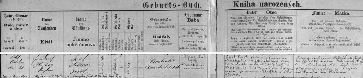 Podle prachatické Knihy narozených spatřil světlo světa poprvé 18. října 1891 na předměstí čp. 186 v rodině prýmkaře Josefa Forsta (jeho otec Mathias Forst byl domkářem v Prachaticích čp. 114, matka Margaretha byla roz. Petrášková ze Svonic /Svojnic/) a jeho ženy Marie, roz. Podzimkové (její otec Anton Podzimek byl truhlářem v Budějovicích, matka Johanna byla roz. Eignerová z Vysoké u Příbrami) - přípis hovoří i o svatbě Josefa Thomase Forsta 27. července 1926 v Horní Vltavici s Idou Stiniovou z Prachatic