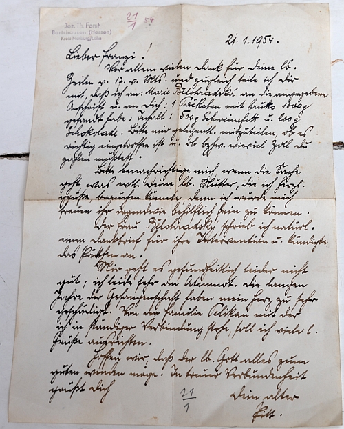 Jeho dopis Franzi Seidelovi z roku 1954