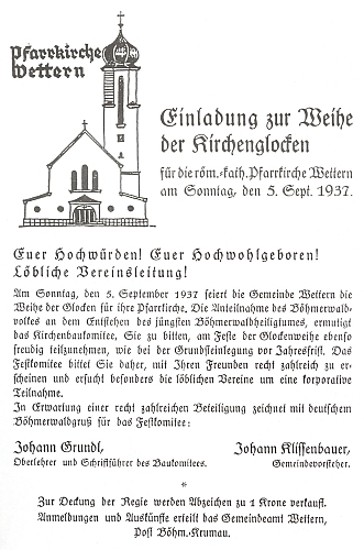 Pozvánka ke svěcení zvonů kostela ve Větřní dne 5. září roku 1937