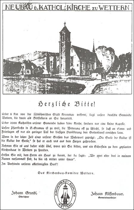 Kresba a razítko na prosbě o přispění na stavbu budoucího kostela ve Větřní zachycuje ještě původně zamýšlenou jeho podobu, jak ji navrhl Dr. Karel Kühn