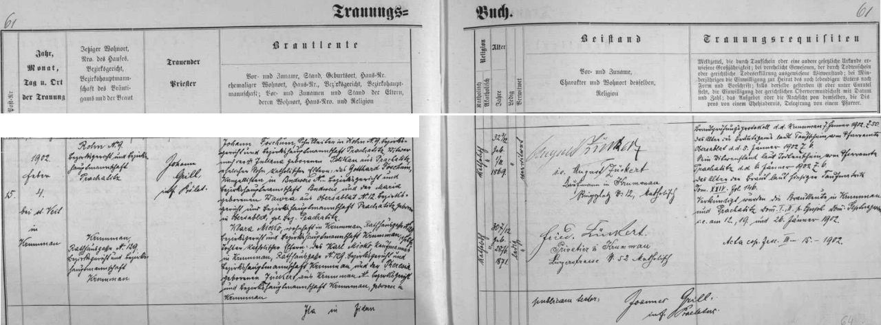 Záznam českokrumlovské oddací matriky o druhé svatbě jeho otce v městském kostele sv. Víta dne 4.února roku 1902: ženich Johann Foschum, narozený 1. listopadu roku 1869 jako syn českobudějovického kancelisty Gottharda Foschuma a Marie, roz. Wawraové ze Záblatí (Obersablat), okr. Prachatice, vdovec po Julianě, roz. Pelikanové z Prachatic, byl tehdy učitelem v Leptači (Rohn), nevěsta Klara (stejné křestní jméno dostala starší sestra Hanse Foschuma Klara, později provdaná Dierlová), narozená v Českém Krumlově 28. června roku 1871, byla dcerou zdejšího obchodníka Karla Micko a jeho ženy Theresie, roz. Zückertové, rovněž z Českého Krumlova