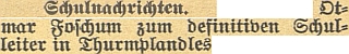 Zpráva o jeho jmenování řídícím učitelem ve Věžovaté Pláni z března 1927...