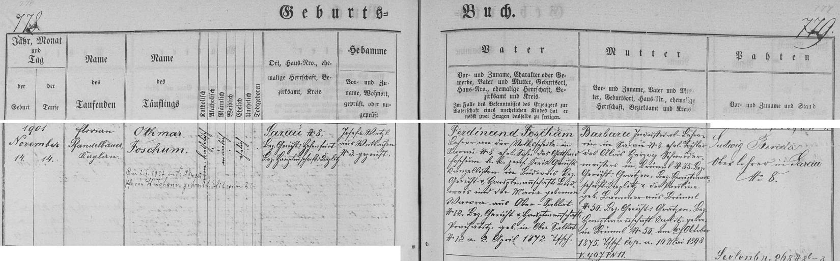 Záznam o jeho narození v malšínské křestní matrice