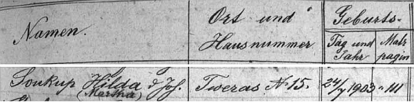 Záznam v indexu svérazské matriky o narození manželčině