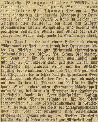 Během válečných let nacházíme v novinové zprávě z Prachatic u jména Andreas Franz zkratku "Pg.", což by věru o nestranickosti nesvědčilo - ostatně u funkcionářů NSDAP se jistě nepředpokládala