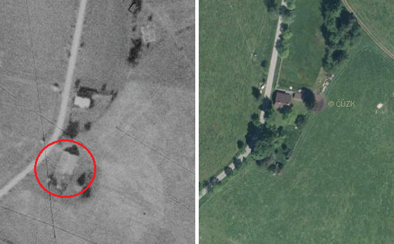 Dům čp. 67 na Pláních na leteckých snímcích z let 1951 a 2011, zbyla z něj jen studna s pumpou
