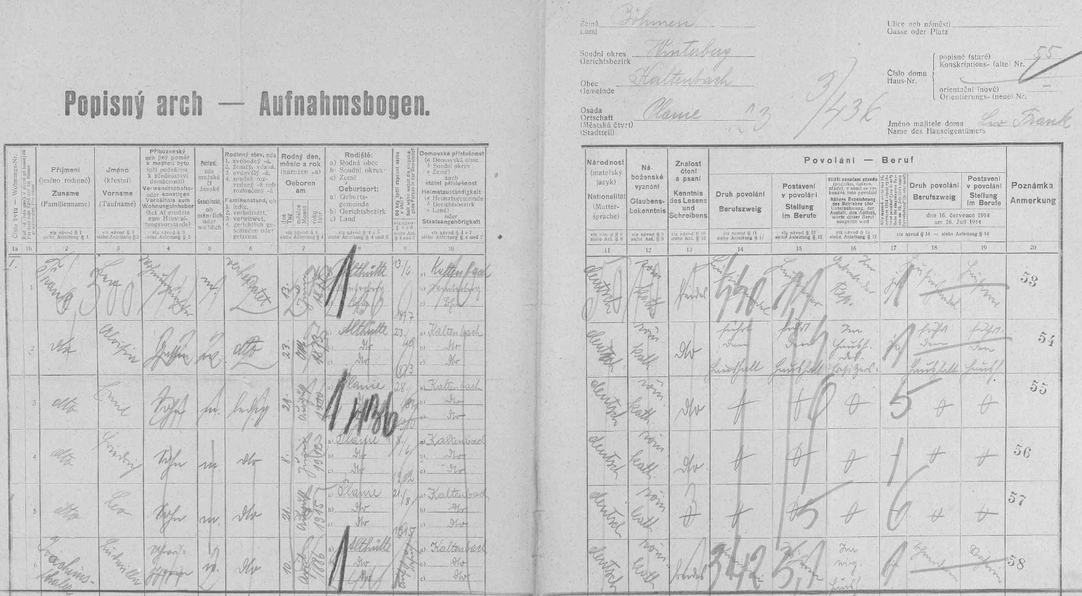 Arch sčítání lidu z roku 1921 pro stavení čp. 55 na Pláních - Emilův otec Leo tu žije už s macechou Aloisií, ale také se sestrou své prvé ženy Walburgy Ludmillou