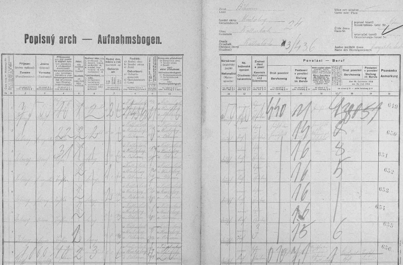 Arch sčítání lidu z roku 1921 pro stavení čp. 67 v Kaltenbachu s dědovou a babiččinou rodinou