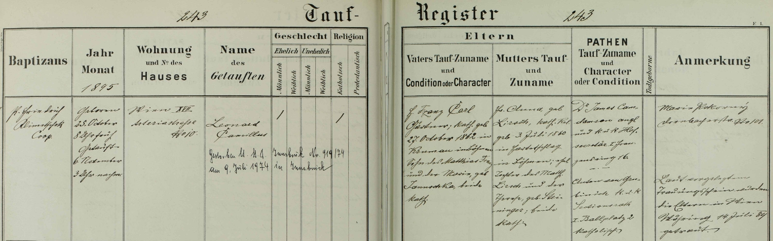 Záznam o jeho narození v křestní matrice vídeňské farností Dornbach s přípisem o úmrtí