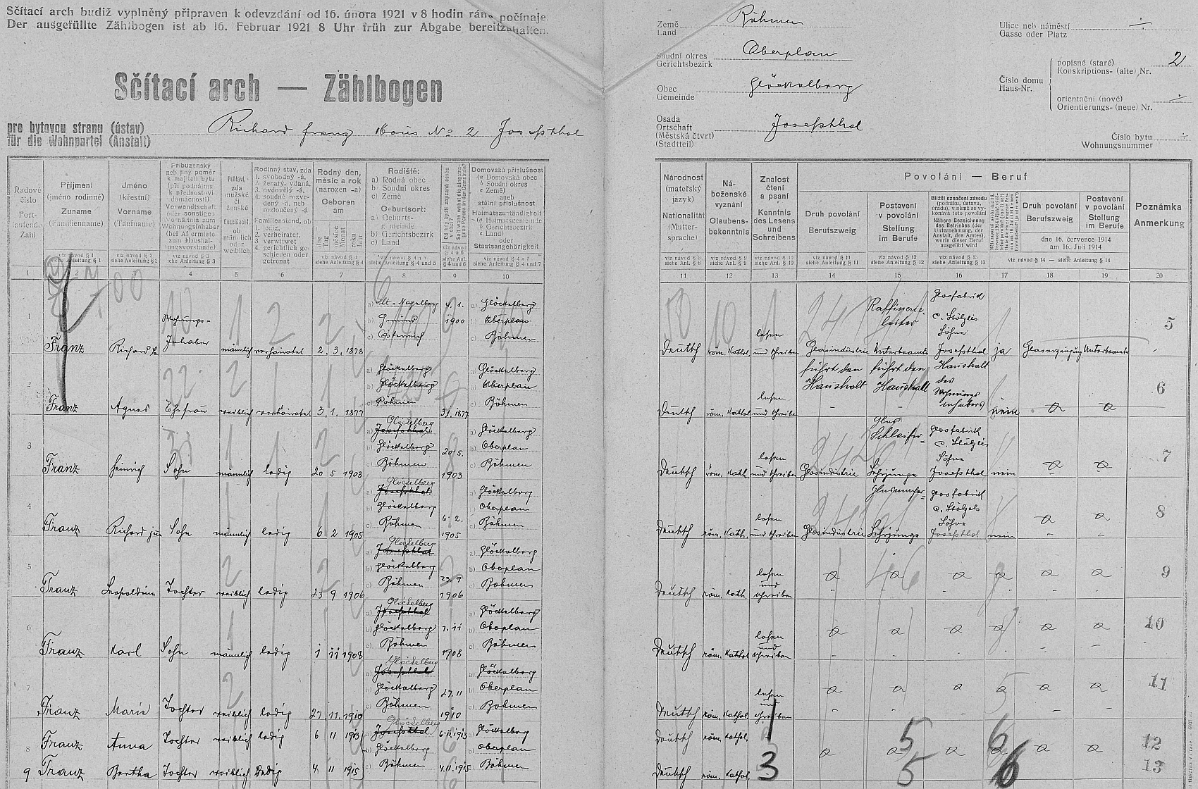 Arch sčítání lidu z února 1921 pro dům v Josefově Dole čp. 2 s početnou rodinou Franzovou, v níž on sám dosud chybí, poněvadž přišel na svět až jako osmé z dětí v listopadu téhož roku