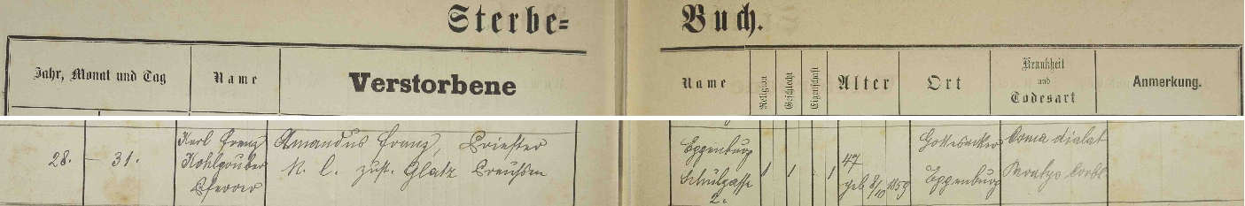 Záznam o jeho úmrtí v eggenburské knize zemřelých