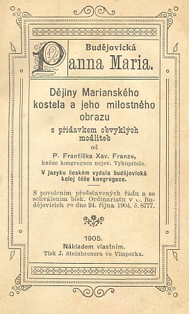 Titulní list a frontispis české verze jeho knihy, vydané v roce 1905 vlastním nákladem a tiskem Steibrenerů ve Vimperku