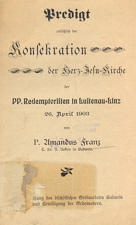 Titulní list k textu jeho kázání v Linci z dubna 1903