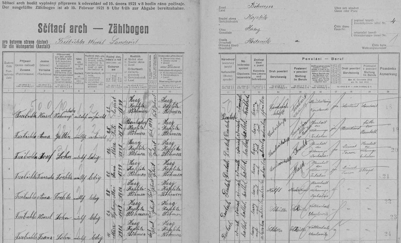 Arch sčítání lidu z roku 1921 pro stavení čp. 4 ve Vyšších Hodonicích s ním jako nejmladší ratolestí rodiny