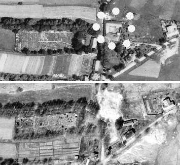 Letecké snímky z let 1946 a 1964 zachycují rodný dům čp. 85 před a po zániku