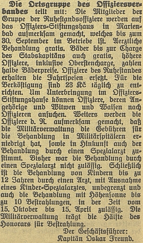 Jako jednatel Svazu čsl. důstojnictva tu v německém českobudějovickém listě informuje o nárocích členů na lázeňskou a lékařskou péči