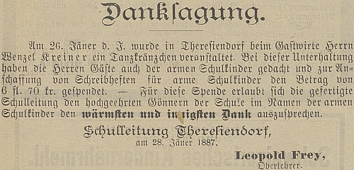 Poděkování za 6 zlatých a 70 krejcarů, vybraných při tanečním věnečku v Terčí Vsi na školní sešity pro chudé děti rok poté, co tu Frey nastoupil
učitelskou službu