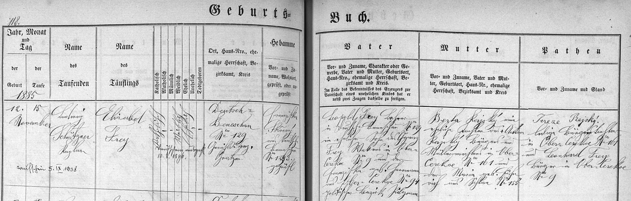 Záznam o narození dcery Elisabeth v křestní matrice Německého Benešova