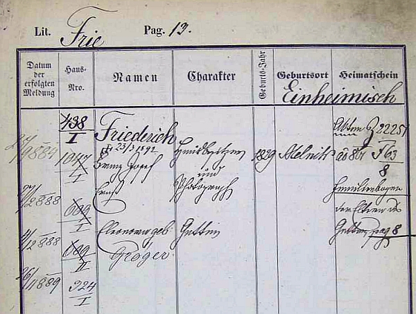 Pražská pobytová přihláška i s přípisem o datu úmrtí (je tu psán Friederich)