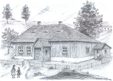 Škola na Žežulce, kde ji učil Heinz Podlipsky, na kresbě Jana Koppa