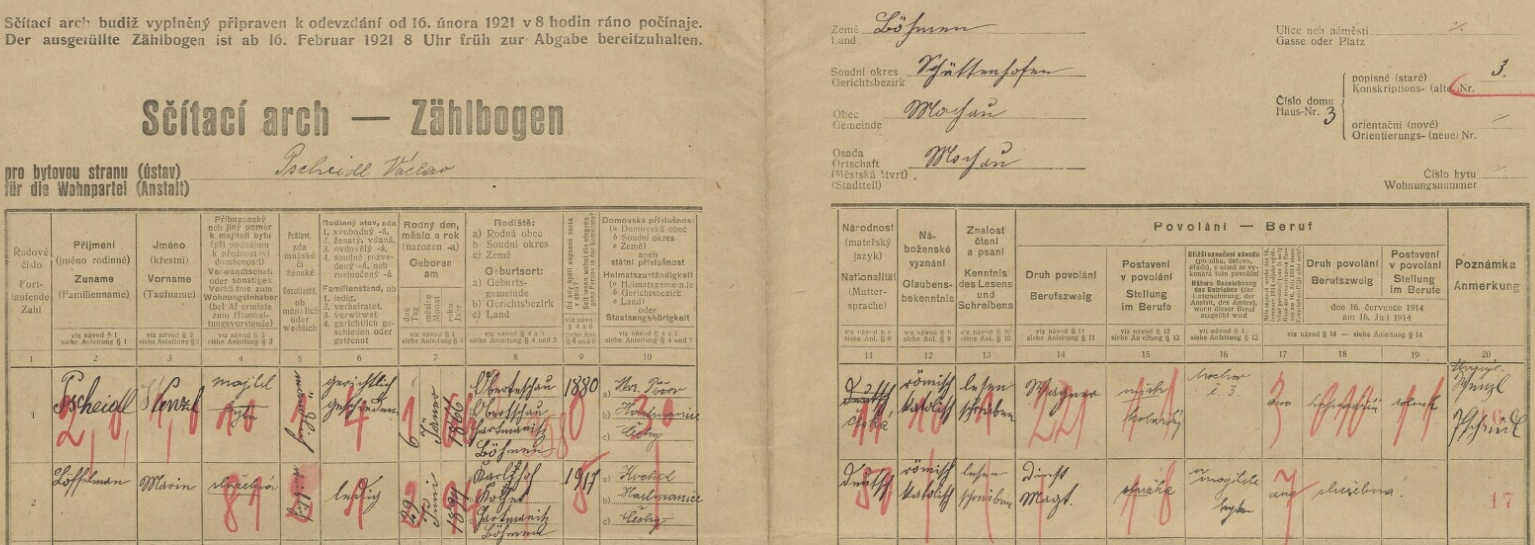 Arch sčítání lidu z roku 1921 pro stavení čp. 3 v Mochově s jejími rodiči - Wenzel Pscheidl si vzal o 28 let mladší služebnou Marii Löffelmannovou