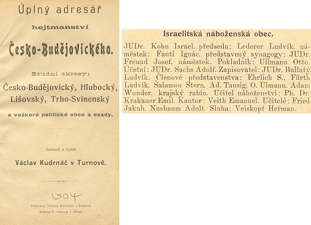 Odstavec s personálním zastoupením "Israelitské náboženské obce" v čele s JUDr. Israelem Kohnem ze stránek adresáře českobudějovického hejtmanství, který vyšel roku 1904 v Turnově