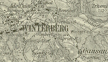 Inge Friedrichové se polohu statku Schweiglových u Vimperka podle jejího textu nepodařilo dohledat, vidíme jej ale např. na vojenských mapách:
  z roku 1894 psán Schweigelhof a z roku 1931 česky Schweiglův dvůr