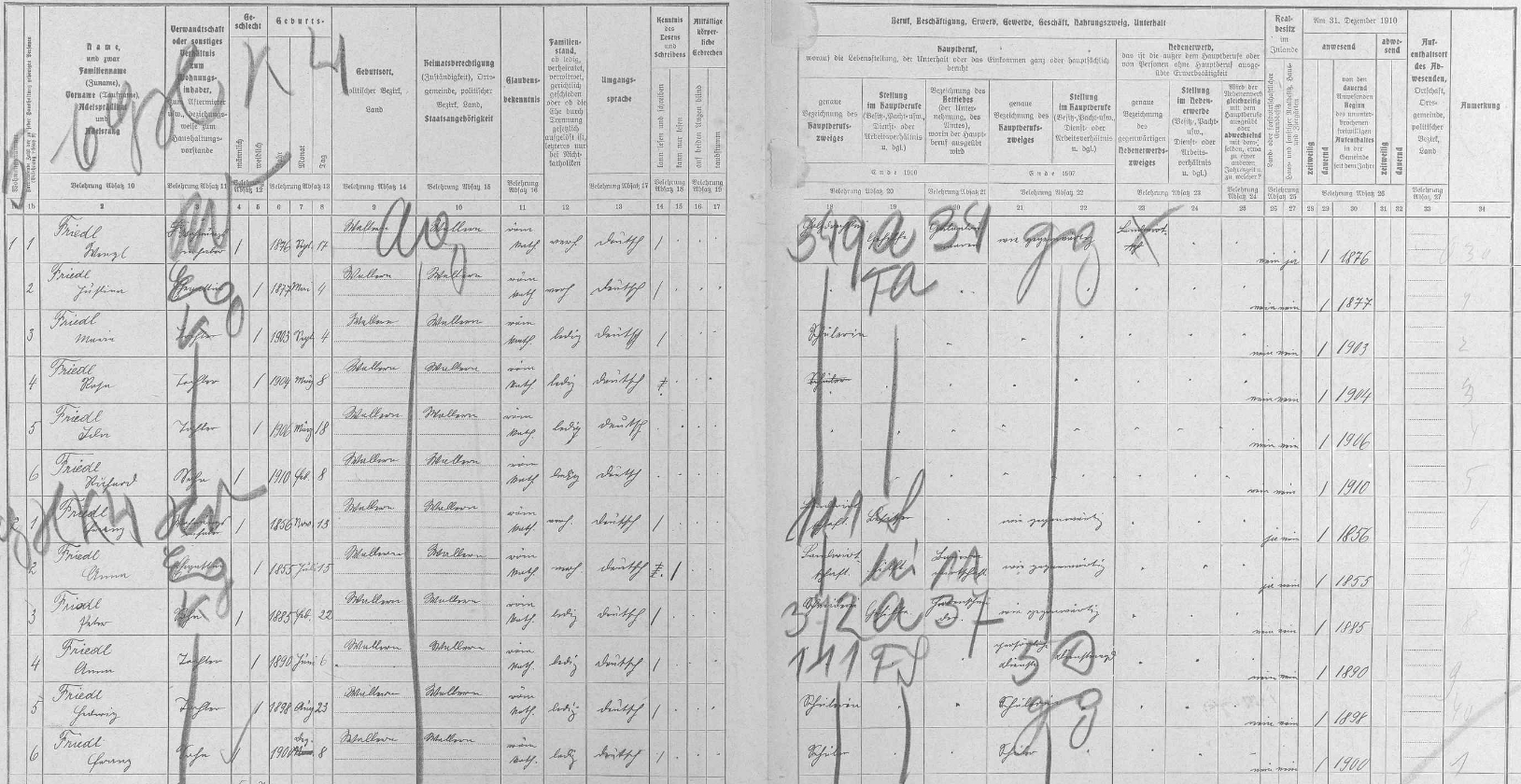 Na archu sčítání lidu z roku 1910 pro volarský dům čp. 351 je mezi početnými ratolestmi rodiny Friedlovy zaznamenán i jeho otec Peter Friedl