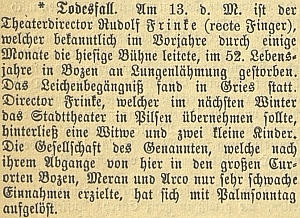 Zpráva o úmrtí manželově v Bolzanu na stránkách českobudějovického německého listu