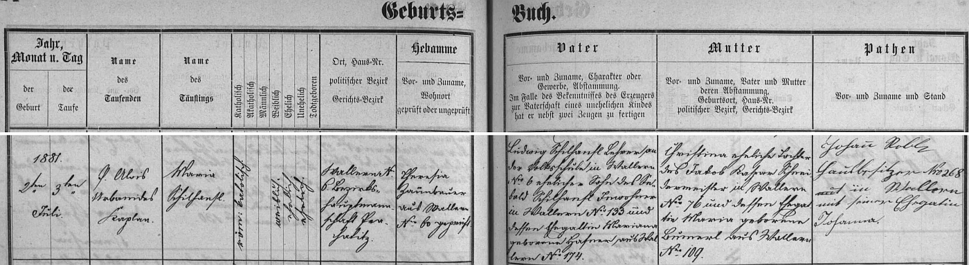 Záznam volarské křestní matriky o narození jeho ženy Marie, narozené 2. července 1881 (den nato ji v kostele sv. Kateřiny pokřtil kaplan Alois Urbanides, pražský rodák a pozdější vikarista na Vyšehradě a farář v Košířích) ve Volarech čp. 6 zdejšímu učiteli Ludwigu Schilhanslovi (jeho otec Sebald Schilhansl byl podruhem ve Volarech čp. 133, matka Mariana, roz. Hafnerová, pocházela z Volar čp. 174) a jeho ženě Christině, dceři krejčovského mistra ve Volarech čp. 76 Jakoba Kaspara a Marie, roz. Bumerlové z Volar čp. 109