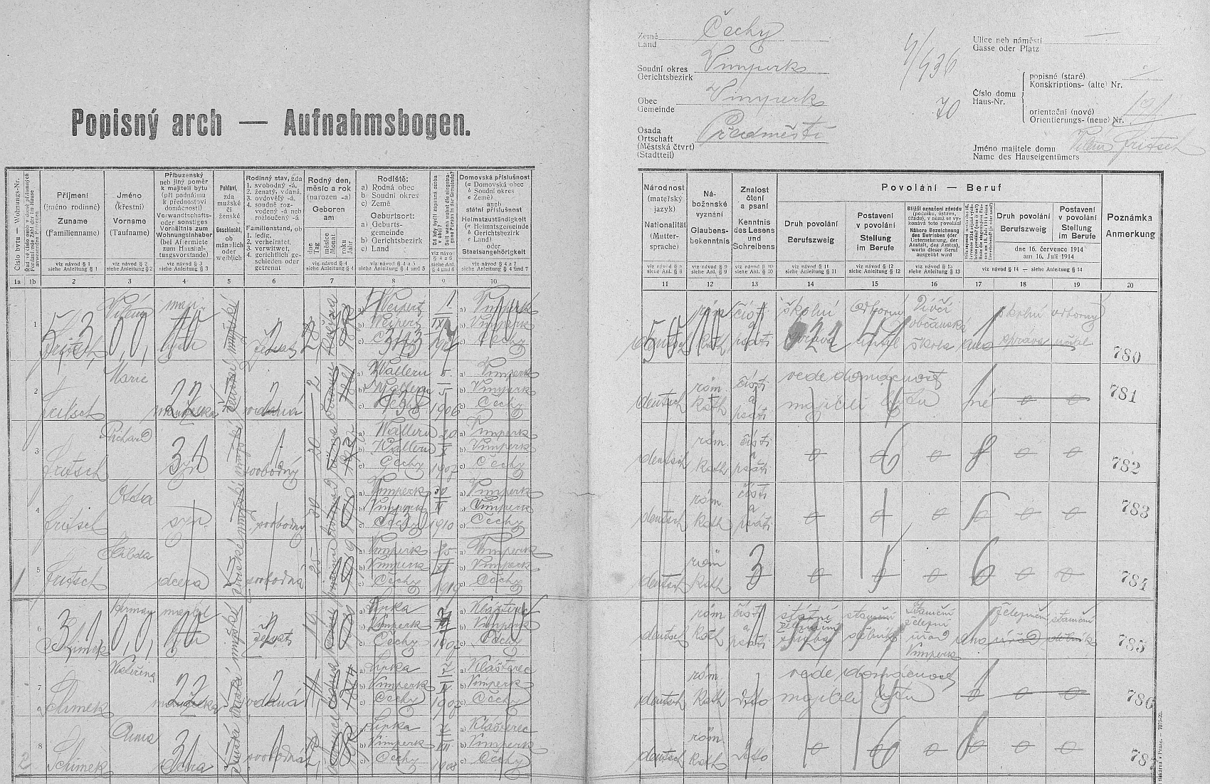 Arch sčítání lidu z roku 1921 pro dům čp. 191 v Nádražní ulici na předměstí Vimperka s rodinou Fritschovou, tj. s ním jako hlavou rodiny, manželkou Marií (*2. července ve Volarech), syny Richardem (*20. října 1902 ve Volarech) a Ottou (*30. listopadu 1910 ve Vimperku), jakož i dcerou Hildou (*25. prosince 1919, tj. na Boží Hod vánoční, ve Vimperku)