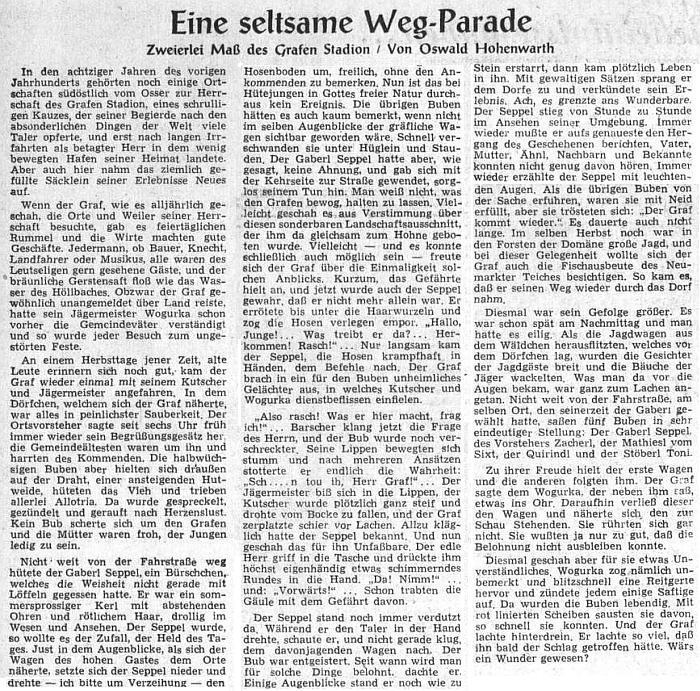 Tady už svou šumavskou povídku o hraběti Stadionovi podepsal v srpnu 1954 podepsal pseudonymem Oswald Hohenwarth