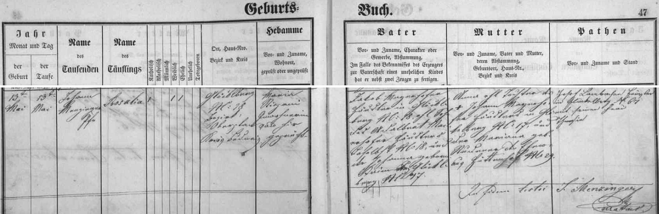 Záznam glöckelberské křestní matriky o narození jeho matky Rosalie dne 13. května roku 1869 zdejšímu chalupníkovi Jakobu Mayerhoferovi z chalupy čp. 18 a jeho ženě Anně, roz. také Mayerhoferové, ze sousední chalupy čp. 17