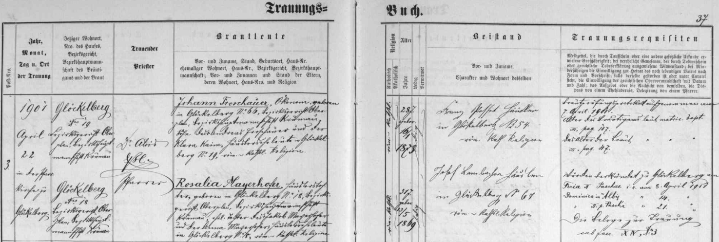 Záznam oddací matriky farní obce Glöckelberg o zdejší svatbě rodičů, které oddával dne 22. dubna roku 1901 farář Dr. Alois Eßl