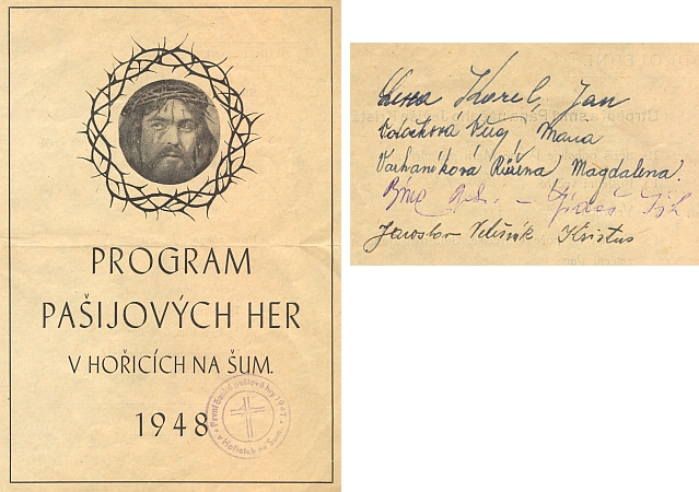 Program hořických pašijových her z roku 1948 má na zadní straně i podpisy českých představitelů hlavních postav