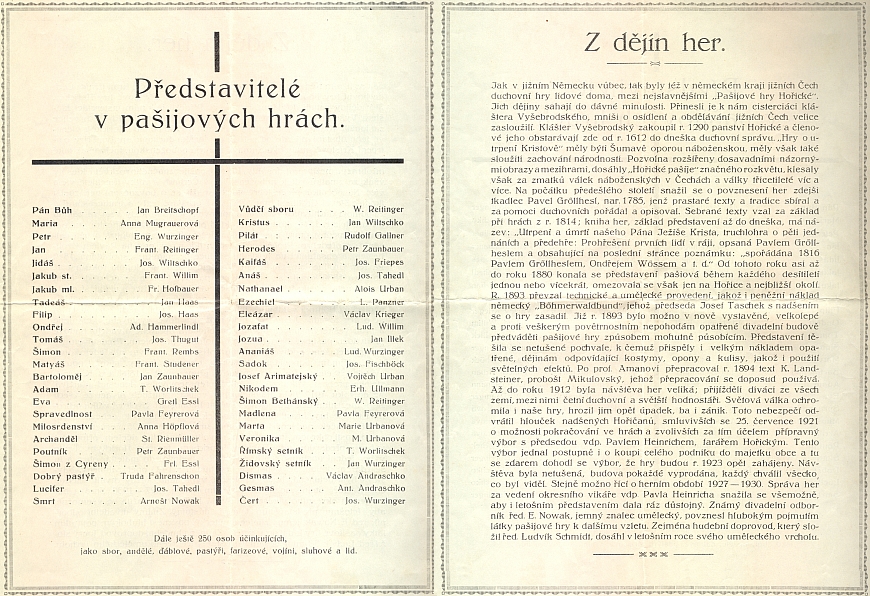 Obsazení a historie pašijových her v Hořicích na Šumavě z českého prospektu, vydaného k jejich uvedení v roce 1936