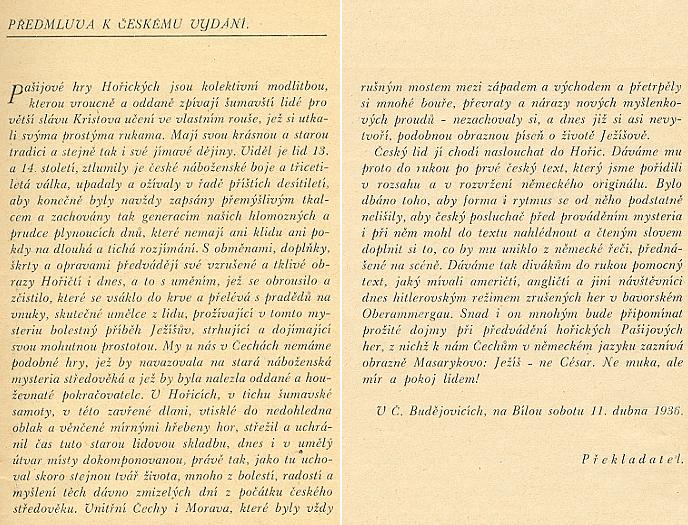 Předmluva k českému překladu textů hořických pašijových her od člena českobudějovické Linie Dr. Miroslava Hallera